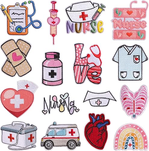 WANDIC Lot de 16 patchs brodés sur le thème de la fête des infirmières - Autocollants médicaux thermocollants pour vêtements et accessoires - Nail Gallerys