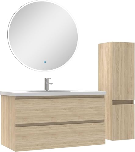 AICA Ensemble Meubles Salle de Bain 100cm Vasque + Colonne + Miroir Rond Lumineux Anthracite - Nail Gallerys