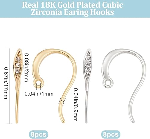 Beebeecraft 1 boîte de 16 Crochets de Boucles d'oreilles en Zircone Plaqué Or 18 carats et Platine en Laiton avec Zircone Cubique Crochets pour Fils d'oreille Français avec Boucle Pendante pour la - Nail Gallerys