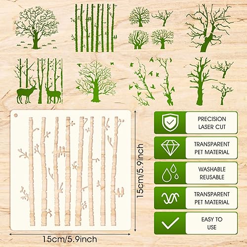 Grevosea Lot de 8 pochoirs en forme de tremble - Réutilisables - Branches inversées - Naturel - Pour peinture sur bois, toile, mur - 15 x 15 cm - Nail Gallerys