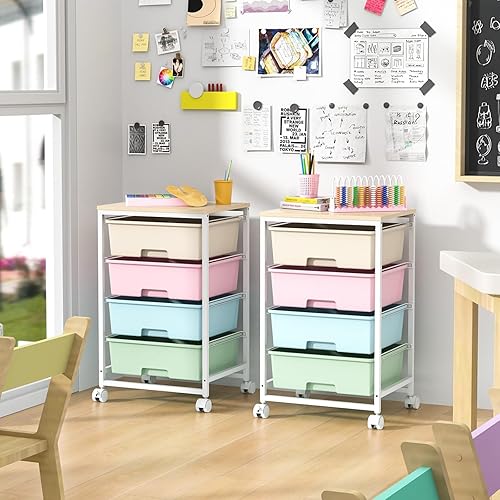 SYKIARIOL Chariot de rangement à 4 tiroirs sur roulettes avec plateau de table en bois, pour cuisine, salon, chambre à coucher, mouvement facile, grande capacité, 4 tiroirs, multicolore - Nail Gallerys