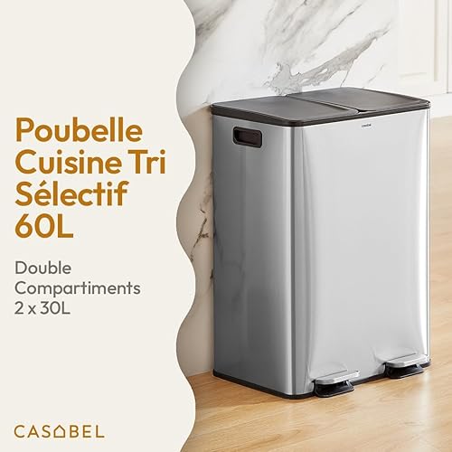 CASABEL Poubelle Cuisine Tri Sélectif 60L - 2 x 30 Litres, Double Compartiments 2x30L, Acier INOX Brossé, Poubelle Recyclage Rectangulaire à Pédales, Anti Traces, Anti Odeurs, Entreprise Française - Nail Gallerys
