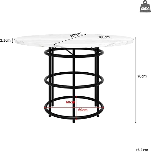 Merax Table à manger ronde 100 cm, moderne, pour 4 à 6 personnes, table de salle à manger pour salon, salle à manger, bureau, modélisation noire de pieds en métal, plateau de table en MDF marbré - Nail Gallerys