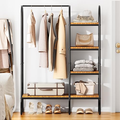 DlandHome Portant à Vêtements avec Étagères à Chaussures & Sacs Penderie Ouverte avec Étagères en Acier et MDF, Porte-vêtements à 5 Niveaux pour Salon, Chambre, Magasins 100x40x151 cm Vintage Noir - Nail Gallerys