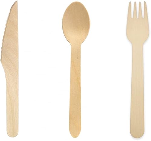 Tech Stor3 - Lot de 75 couverts jetables biodégradables en bois naturel et durable|Bio Eco Friendly jetable|100% compostables|25 fourchettes+25 cuillères à soupe+25 couteaux-longueur 15,5 cm - Nail Gallerys