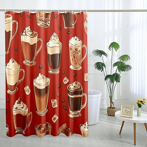 Rideau de douche motif tasse café rouge pour décoration de salle de bain, style cuisine moderne, ensemble de rideau de douche en tissu imperméable avec crochets 157 x 183 cm - Nail Gallerys