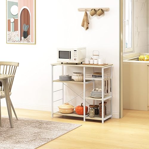 HOMCOM Étagère Meuble de Rangement Cuisine îlot Cadre en Acier Style Moderne avec 4 Crochets 4 étagères 90 x 40 x 84,5 cm Naturel Blanc - Nail Gallerys