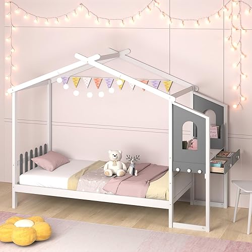 LIFEZEAL Lit Cabane Enfant avec Bureau, 2 Tiroirs, Organisateur de Rangement, 6 Crochets, Cadre de Lit avec Baldaquin, Sommier en Bois de Pin, Charge 150 kg (200x90 cm) - Nail Gallerys