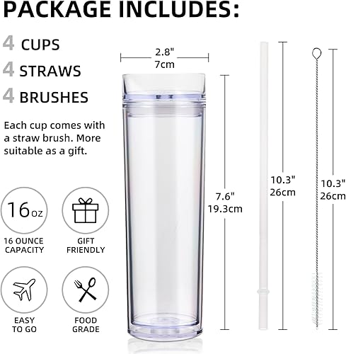 Volhoply 480ml plastique Skinny Gobelets Avec Couvercle et Paille Bulk 4 Pack, Isolé Double Paroi Bpa Free Matte Acrylique Gobelets, Glaçons de Voyage Party Cup,Cadeaux Diy(Claire,4 Set) - Nail Gallerys