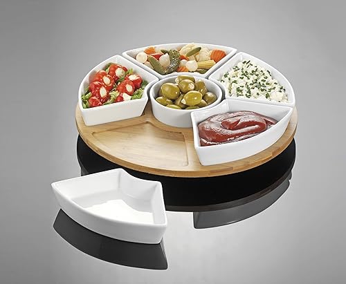 Esmeyer Caterado Susan Plateau de Service Rotatif avec 6 Bols en Porcelaine Blanche et Un Plateau en Bambou, 34 x 34 x 6,5 cm - Nail Gallerys