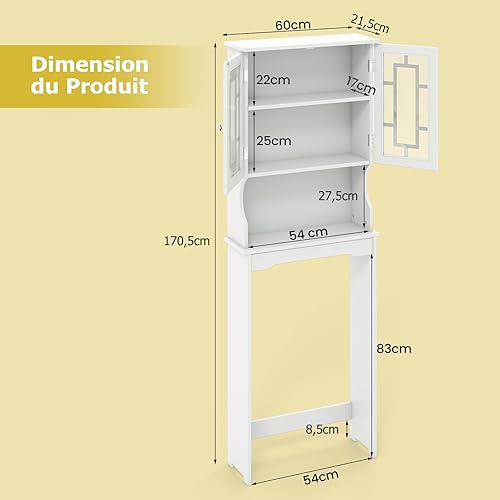 GOPLUS Meuble Étagère de Salle de Bain, Rangement au Dessus des Toilettes WC ou Lave-Linge, Armoire Verre Transparente et Étagère Ouverte, 60x21,5x170,5CM, Blanc - Nail Gallerys