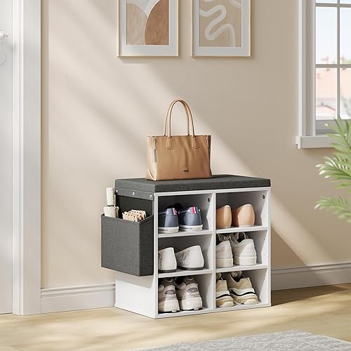 WOLTU Banc de Rangement à Chaussures, Meuble d’Entrée pour Chaussures, Étagère Autoportante à 12 Compartiments en Panneau Aggloméré avec Coussin en Tissu Gris, Blanc, 102x30x48,5 cm - Nail Gallerys