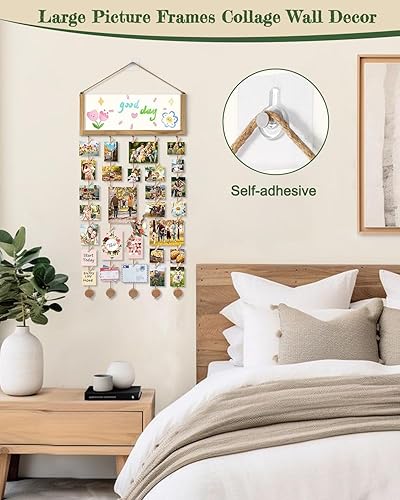 VINCOURNA Tableau d'affichage photo à suspendre avec 30 mini clips en bois, tableau photo à faire soi-même, pinces à linge et ficelle de suspension pour photos, cadres photo pour collage mural - Nail Gallerys