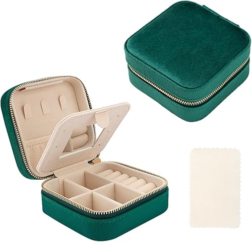 MEMOFYND 1 boîte à bijoux carrée en velours vert avec 1 chiffon de polissage en argent blanc, bagues, boucles d'oreilles, colliers et bracelets. - Nail Gallerys