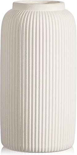 Arborus Vase en céramique de 24 cm, crème mat, rond, nervuré, haut pour fleurs, décoration d'intérieur bohème moderne pour table de salon, chambre à coucher - Nail Gallerys