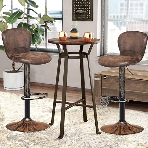 COSTWAY Tabourets de Bar Pivotants Lot de 2, Chaise de Bar Industrielle avec Repose-Pieds, Chaise Haute Bar en Cuir, Hauteur Réglable 87-108 cm, Marron Rustique - Nail Gallerys