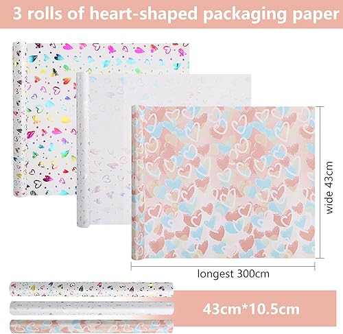 Lot de 3 rouleaux de papier cadeau avec design en forme de cœur - Cœurs argentés, cœurs colorés, cœurs arc-en-ciel - 43 cm x 3 m par rouleau - Papier cadeau d'anniversaire - Nail Gallerys