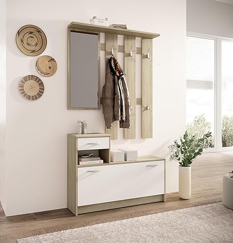 Stella Trading VERA Vestiaire compact en Chêne Sonoma/blanc avec Miroir, Garde-robe avec beaucoup d'espace de rangement pour votre entrée - 100 x 190 x 26 cm (L/H/P) - Nail Gallerys