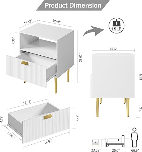 HEYZOEY Table de chevet pour chambre à coucher, table de chevet striée, table d'appoint pour salon, table d'appoint avec tiroirs, meuble de chambre à coucher, à rayures blanches - Nail Gallerys
