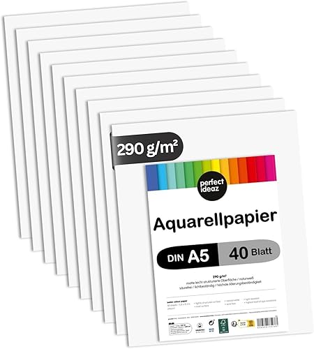 perfect ideaz 40 feuilles de papier aquarelle FSC, DIN A5, 290 g, blanc, légèrement rugueux et mat, pour les artistes, écoliers et étudiants - Nail Gallerys