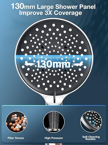 YEAUPE PRO Pomme de douche et tuyau filtrants – Haute pression 6 modes de douche de salle de bain Φ130 mm, élimine le chlore résiduel adoucissant pour eau dure, grand débit puissant, pommeau de douche - Nail Gallerys