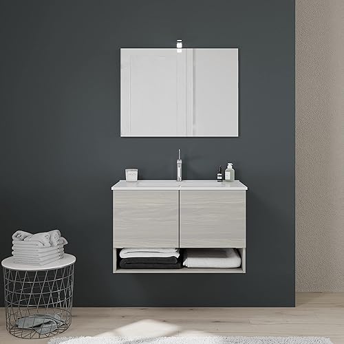 Kiamami Valentina Meuble de Salle de Bain Suspendu 80 cm 2 Portes en Bois chêne Miroir avec Cadre Lavabo en céramique Aménagement - Nail Gallerys
