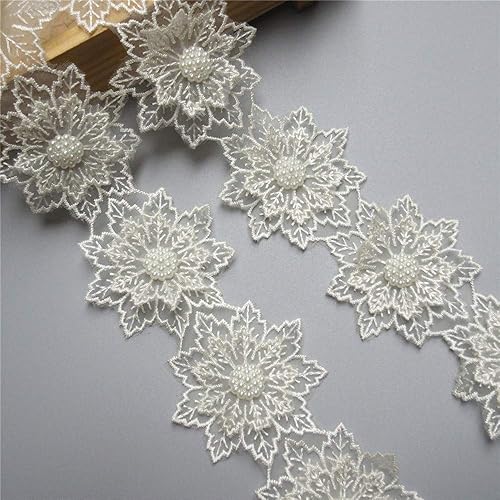 Ruban en dentelle avec fleurs et perles Beige Longueur : 1,8 m Largeur : 6 cm Style vintage Tissu brodé Applique à coudre pour robe de mariée Embellissement de cartes, chapeaux, - Nail Gallerys