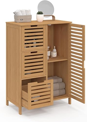 IDMarket - Meuble de rangement salle de bain bambou BEA 3 tiroirs avec placard - Nail Gallerys