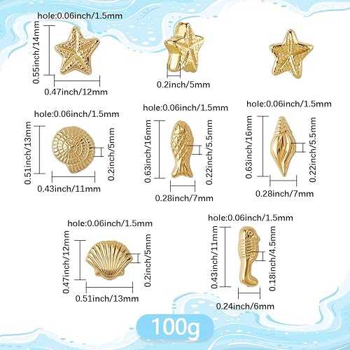 SUNNYCLUE 1 boîte de Perles 100G en Forme D'Animaux Marins Coquillages Dorés en Plastique Brillant Poissons Marins Conques Étoiles de Mer Petites Perles D'Espacement Amples pour la Fabrication de Bijo - Nail Gallerys