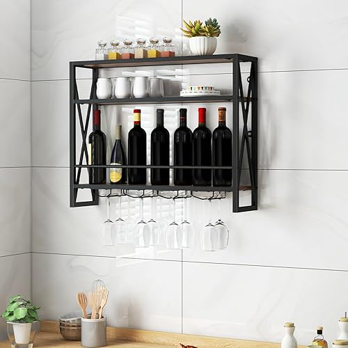 GIANTEX Étagère à vin murale à 3 niveaux avec support en verre, étagère à vin murale en bois et métal, étagère murale industrielle flottante pour cuisine, maison 80 x 20 x 63 cm - Nail Gallerys