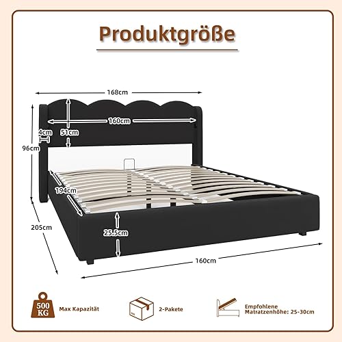 KOMHTOM Lit Rembourré Double en Velours avec Rangement Hydraulique, Ports USB et Type-C, Lit LED Coffre avec Tete et Sommier à Lattes, Cadre de lit Moderne pour Adultes (Beige, 140x200cm) - Nail Gallerys