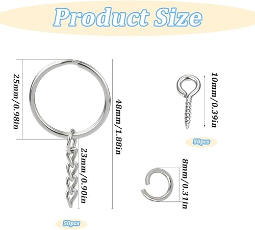 WeddHuis 100 Pièces Kit de Fabrication de Porte-clés (50 Anneaux de Porte-clés avec Chaîne + 50 Vis à Œillet) Anneaux de Clés avec Chaîne pour Clés DIY Bijoux Sacs (25mm) (Argent) - Nail Gallerys