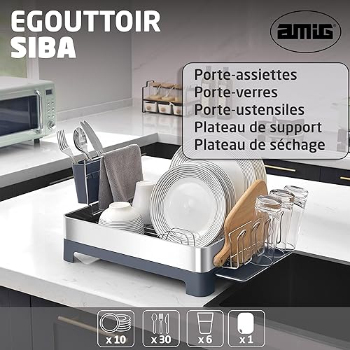Amig - Égouttoir Siba - 51 x 32 x 24,6 cm - Acier Inoxydable et Plastique - Couleur Gris - Égouttoir avec Plateau d'Égouttage et Support pour Couverts - Capacité pour 10 Assiettes et 4 Verres - Nail Gallerys