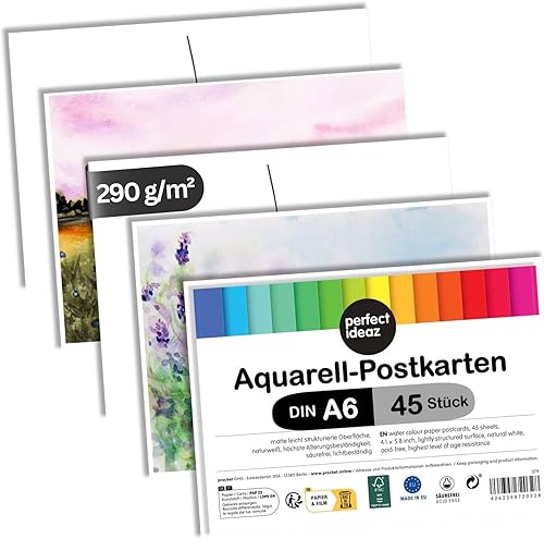 perfect ideaz - Aquarelle cartes postales - 45 feuilles, DIN-A6, 290 g/m² - Papier Premium blanc naturel - Papier Watercolor sans acide, certifié FSC - Nail Gallerys