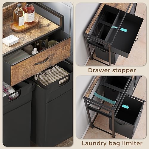 Mondeer Panier à Linge avec 2 Tiroirs, Chariot à Linge à 3 Compartiments, 3 x 50L Corbeille à Linge Amovibles, pour Buanderie Salle de Bain, 106 x 33 x 91,5 cm, Marron Rustique et Noir - Nail Gallerys