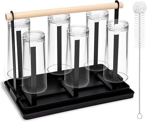 BBWELL Porte-Bouteilles 6 Places​​ – egouttoir Bouteille avec poignée en Bois & Brosse de Nettoyage,incluant ​​bac gouttoir Noir Amovible,​​Porte-Tasses​​ pour Bouteilles/Tasses/Mugs à café - Nail Gallerys
