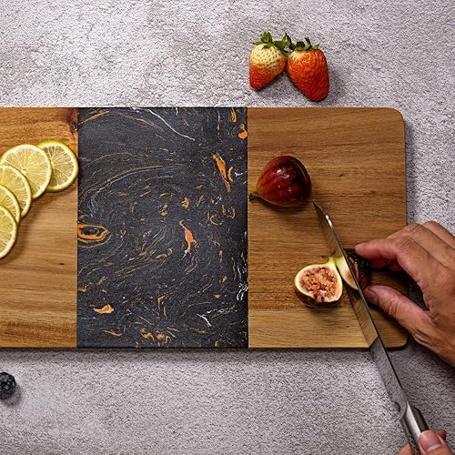 Kadum Plateau de service 40 cm x 20 cm x 1,4 cm | Planche de service utilisable des deux côtés en marbre et bois d'acacia | Grande planche à découper pour les plats à manger | Planche en marbre noir - Nail Gallerys