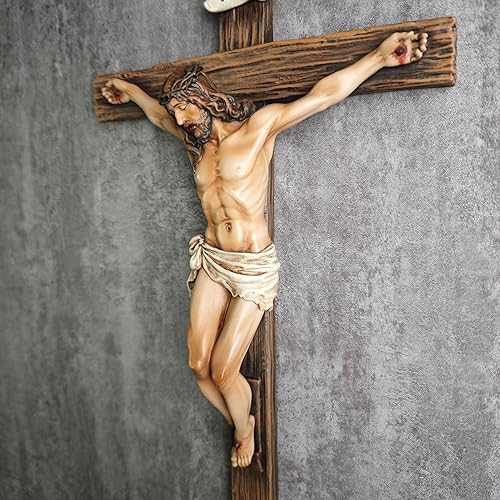 Buildclassic Crucifix catholique de la Colombie-Britannique, croix debout de Jésus-Christ, décoration d'intérieur, cadeau religieux, aspect sculpté sur bois, finition couleur réaliste, sculpture - Nail Gallerys