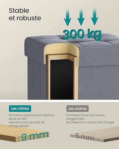 SONGMICS Tabouret de Rangement, Cube Pliable, 38 x 38 x 40 cm, Pouf, Repose-Pieds, 37 L, Surface en Velours, pour Chambre, Salon, Dortoir, Gris Ardoise LSF0516G01 - Nail Gallerys