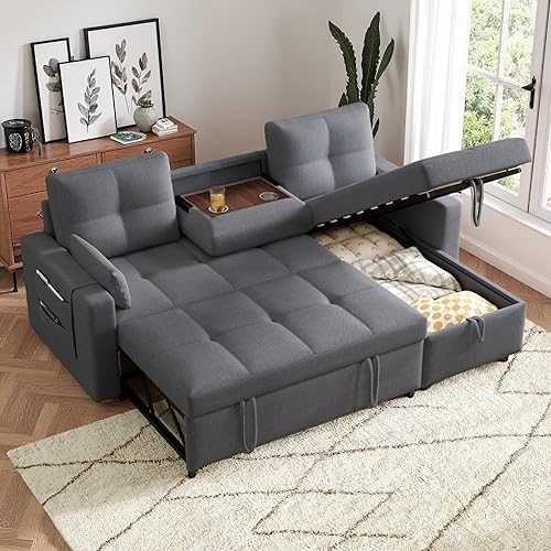 Seyakany Canapé d'angle Convertible avec équipé d'un Espace de Rangement et d'un Porte-gobelet Rabattable,canapé Convertible 3 Places Moderne en Forme de L,canapé lit gigogne,Lin (Gris) - Nail Gallerys