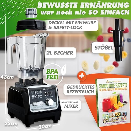 NUTRI-BLENDER MAX+ Mélangeur haute performance 2000 W, professionnel - 2 L, Tritan, sans BPA, 9 niveaux, minuterie numérique avec livre de recettes - Nail Gallerys