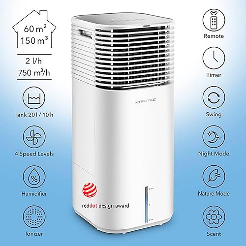 TROTEC PAE 50 Rafraîchisseur d'air/Ventilateur sur roulettes - (4 niveaux de puissance, 145W, télécommande, écran LED)- différents modes de fonctionnement et fonction humidificateur - Nail Gallerys