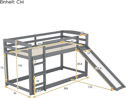 YEHTOKHOME Lits pour Enfants 90x200cm multifonctionnels avec toboggans et échelles,superposés en Bois Lits pour Adolescents avec sommiers à Lattes(sans Matelas) (Gris) - Nail Gallerys