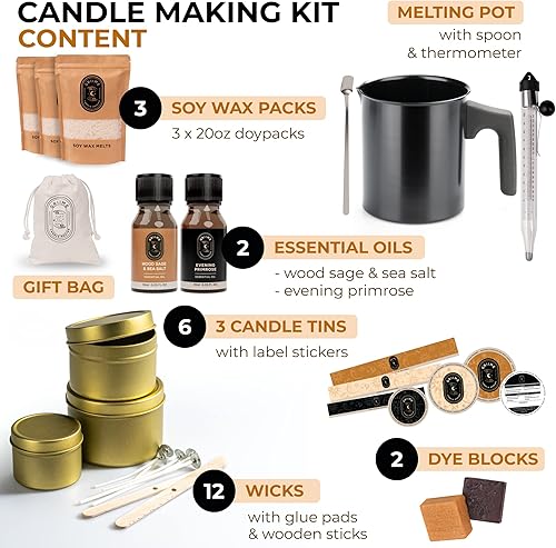 GRIIME Kit Fabrication Bougie | Kit Bougie a Faire Soi Meme Adulte I Cire soja Bougie, mèches, huiles essentielles, autocollant, thermomètre, pot, colorant bougie | Coffret Bougie I Coffret cadeau - Nail Gallerys