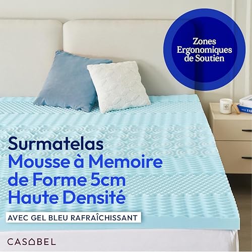 CASABEL Surmatelas 140 x 190 cm Mousse à Memoire de Forme 5 cm Haute Densité - sur-Matelas Double - Zones Ergonomiques de Soutien - Gel Infusé Bleu - pour Matelas, Clic Clac, BZ - Entreprise Française - Nail Gallerys