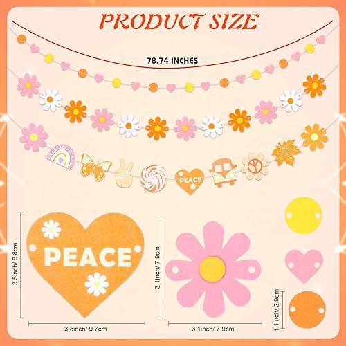 Qpout Lot de 4 décorations de fête en feutre groovy comprenant une bannière hippie bohème groovy boho guirlande de marguerites rondes et une guirlande de cœur pour fenêtre murale, décoration de fête - Nail Gallerys