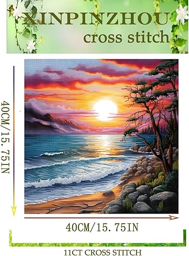 Xinpinzhou Canevas Broderie Point de Croix Kit Complet Adulte Debutant Compté Pré Imprimé Estampillé Moderne Débutant avec Fils, Facile Paysage Bord Mer 11ct Cross Stitch Loisirs Créatifs Set - Nail Gallerys