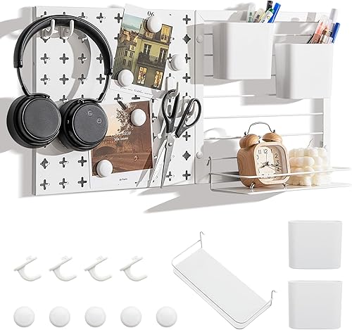 COSTWAY Kit Combiné de Panneaux Perforés Mural 61 x 30 cm, Panneau Perforé Organiseur Mural avec 4 Crochets, Étagères de Rangement, 2 Récipient et 5 Aimants, pour Cuisine, Bureau, Garage, Salon - Nail Gallerys