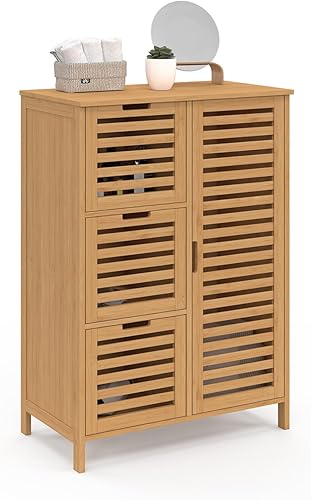 IDMarket - Meuble de rangement salle de bain bambou BEA 3 tiroirs avec placard - Nail Gallerys