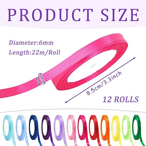 SYEYCW 12 Rouleaux Ruban Satin, Ruban de Satin Coloré, Ruban de Satin Polyester, 6 mm × 22 m, pour Cadeau Emballage, Couture, Décoration de Mariage et Anniversaire, Ballons, Bouquet, DIY Artisanat - Nail Gallerys